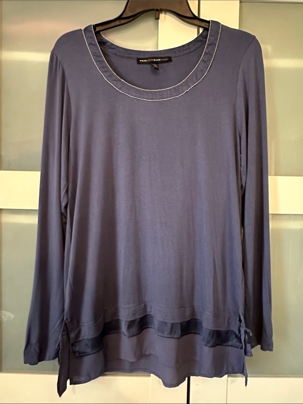 White House Black Market Long-Sleeve Slate Blue Layered-Hem Top - Picture 1 of 3